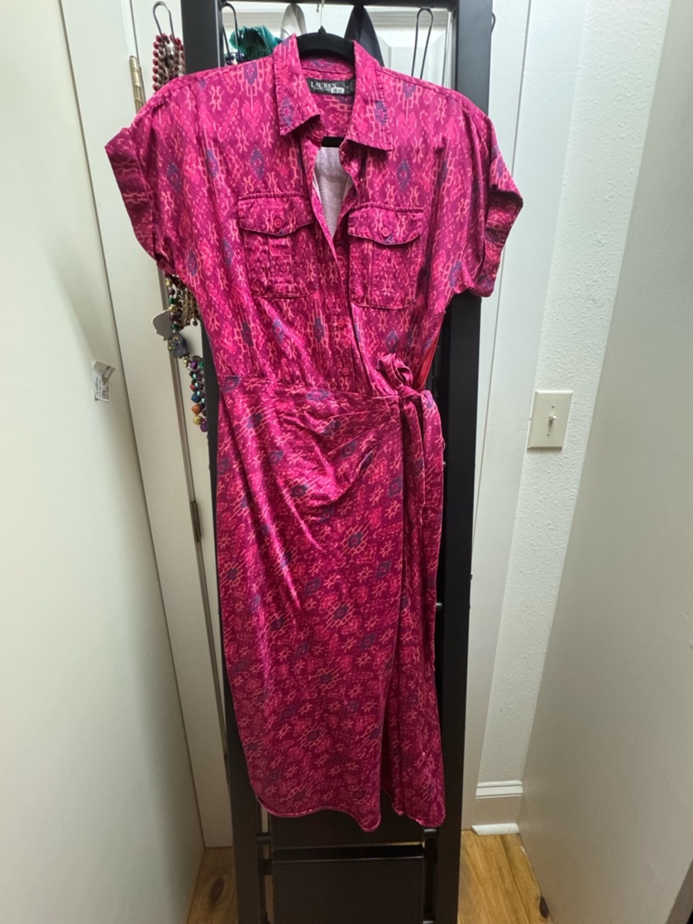 Lauren Ralph Lauren Hot Pink Patterned Tie-Waist Midi Dress